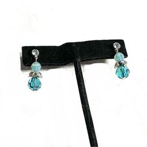 Icy Aqua Blue & Clear Beaded Faceted Crystal Earrings Prong Set Rhinestone